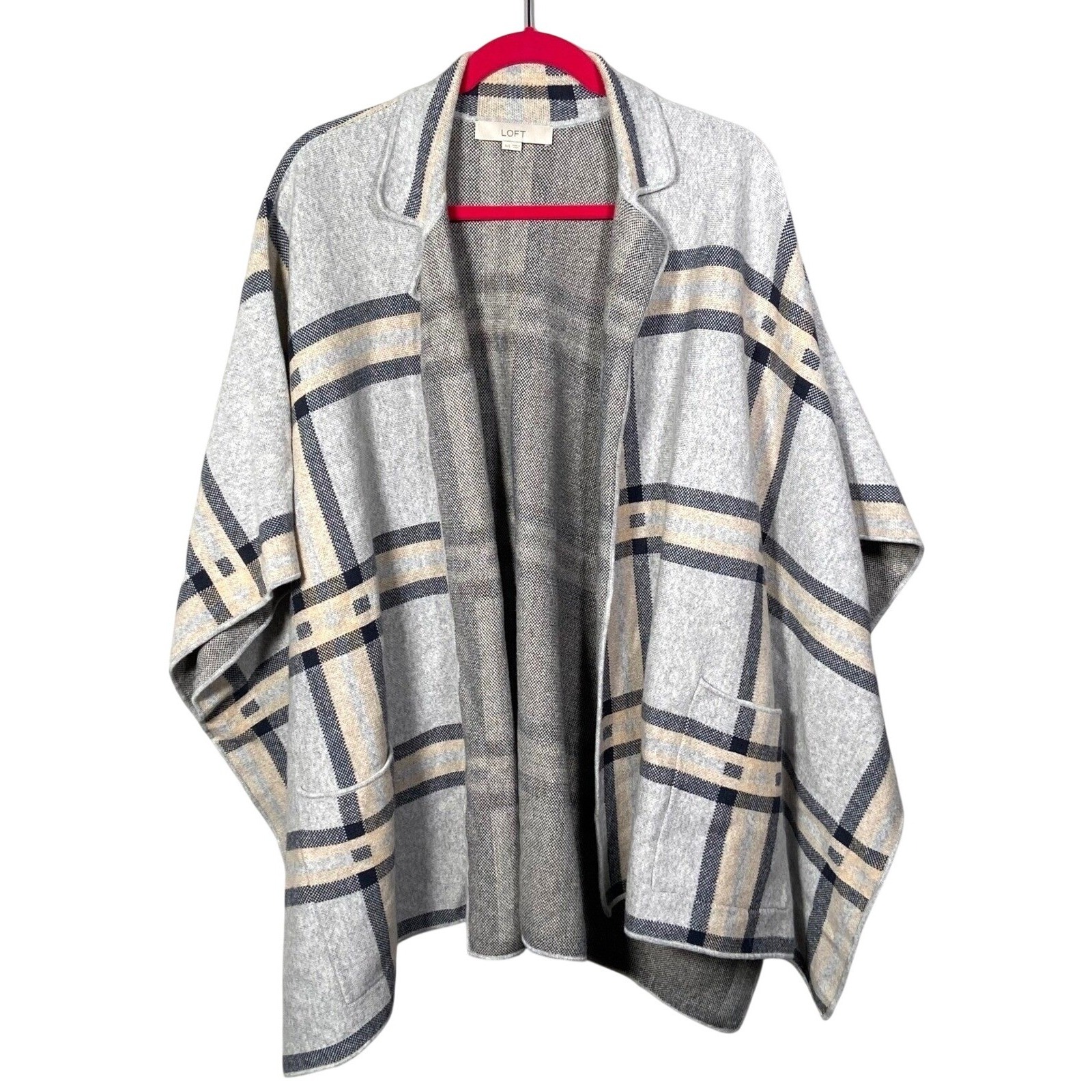 Loft Plaid Knit Ruana Wrap M/L Gray Navy Beige Open Front Poncho